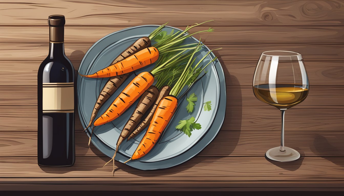 A rustic wooden table with a plate of grilled carrots, a wine bottle, and a wine glass