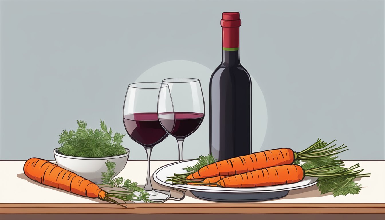 A bottle of red wine next to a plate of grilled carrots with herbs and spices