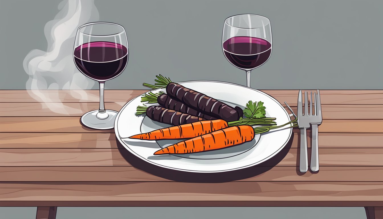 A glass of red wine next to a plate of grilled carrots, with smoke rising from the grill