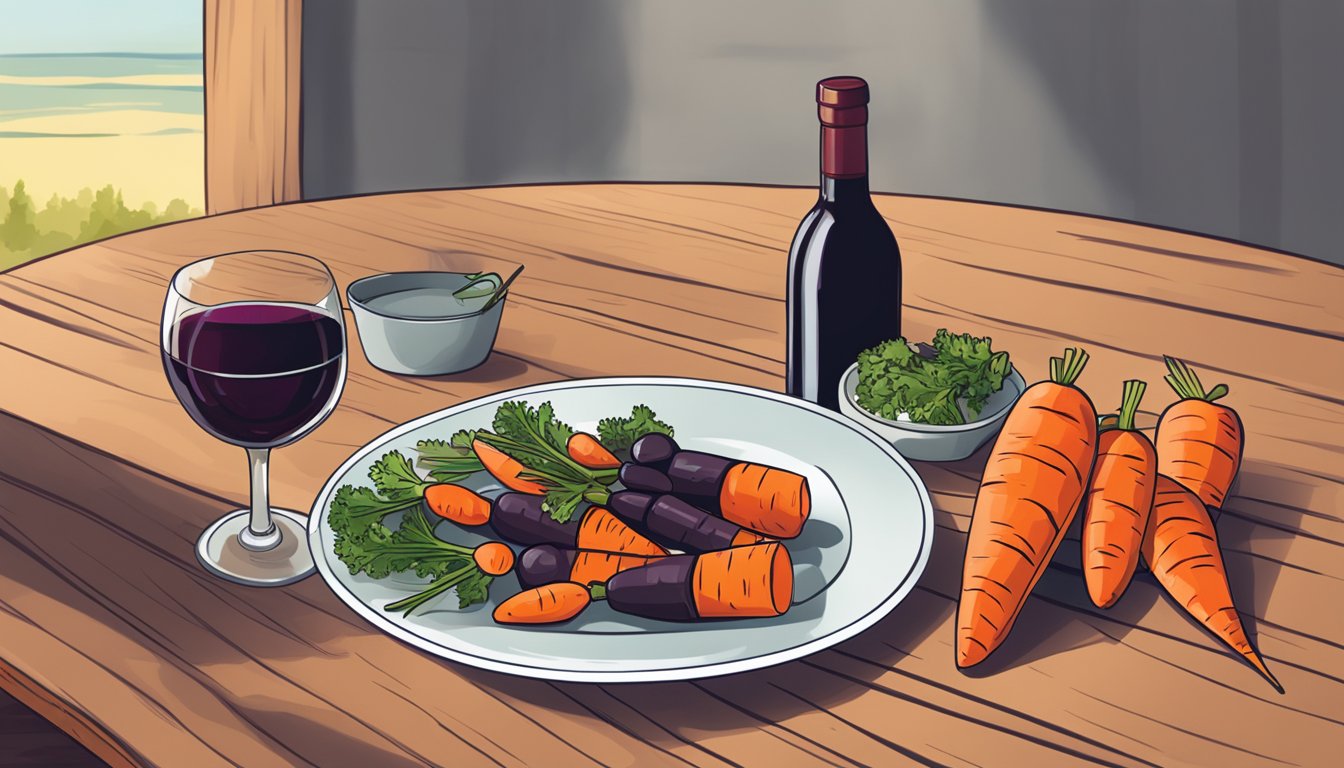 A bottle of red wine next to a plate of grilled carrots, with a glass filled with the wine and a few carrots on a wooden table