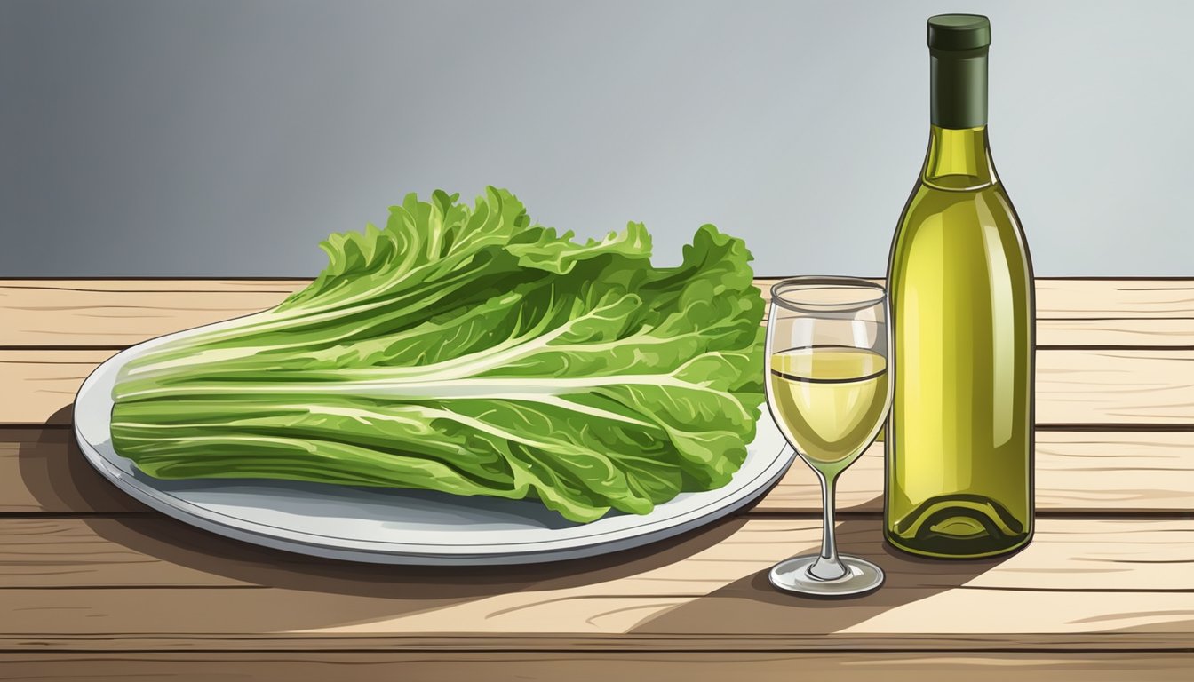 A bottle of white wine next to a plate of grilled romaine lettuce with a light dressing, set on a rustic wooden table