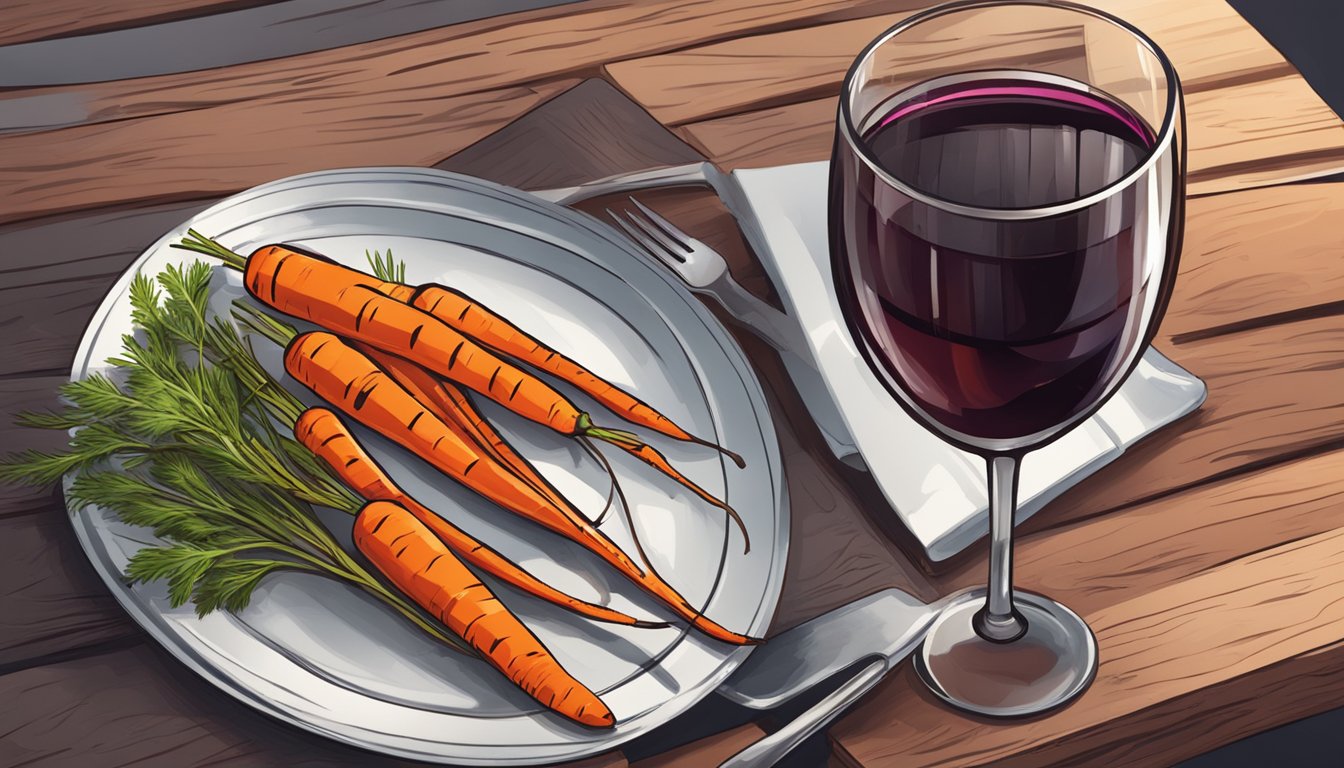 A rustic wooden table set with a plate of grilled carrots and a glass of red wine