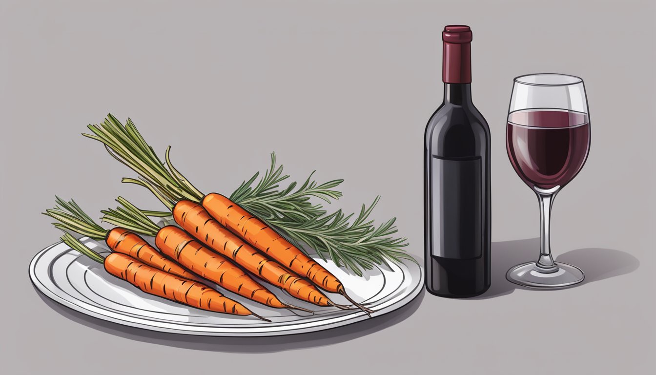 A bottle of red wine next to a plate of grilled carrots, with a wine glass and a sprig of rosemary for garnish