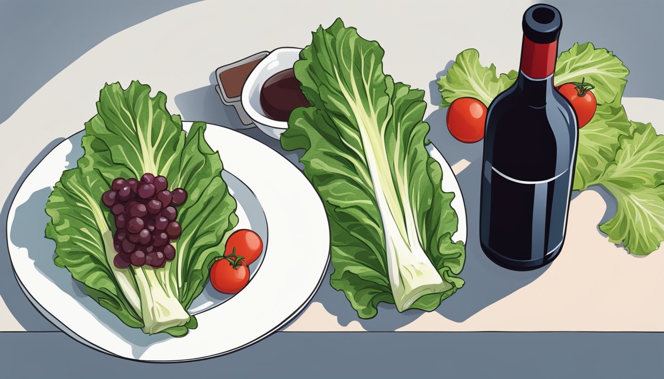 A bottle of red wine next to a grilled romaine lettuce on a plate