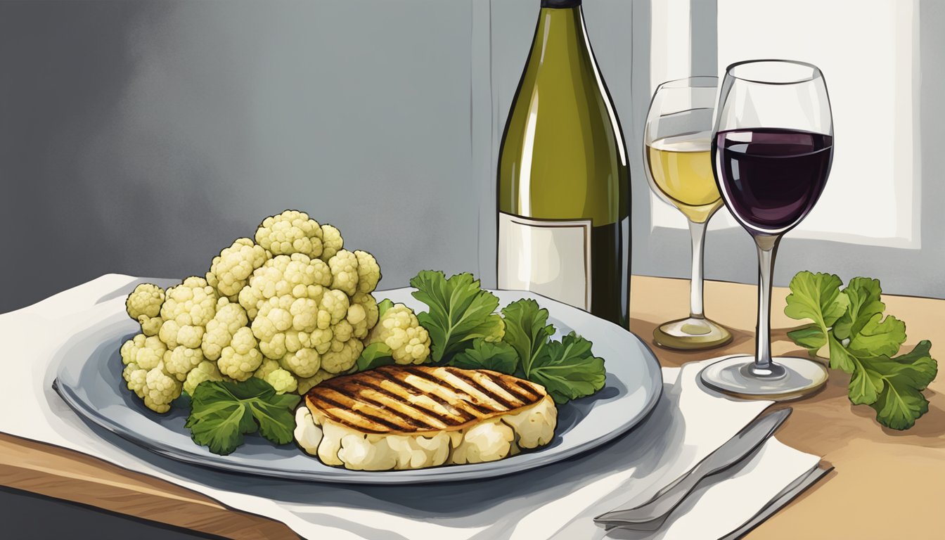 A table set with grilled cauliflower steaks, a bottle of white wine, and a wine glass