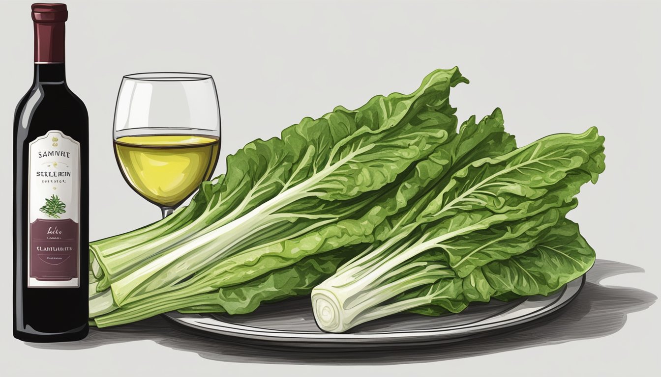 A bottle of red wine next to a plate of grilled romaine lettuce, with a sprig of rosemary and a wedge of lemon