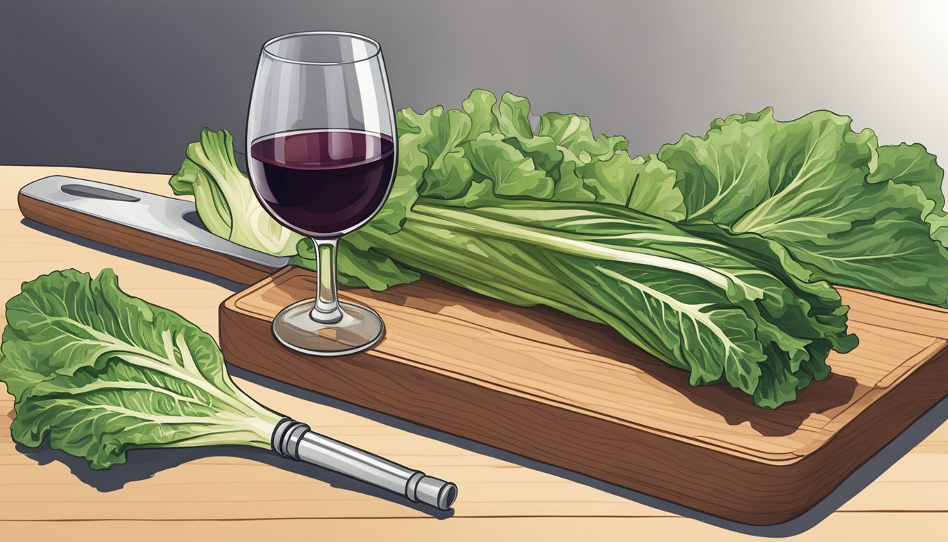 A bottle of red wine next to a grilled romaine lettuce on a wooden cutting board. A wine glass and a corkscrew are nearby