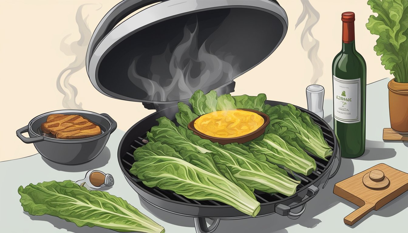 A grill with romaine lettuce charring over the flames, a bottle of wine nearby