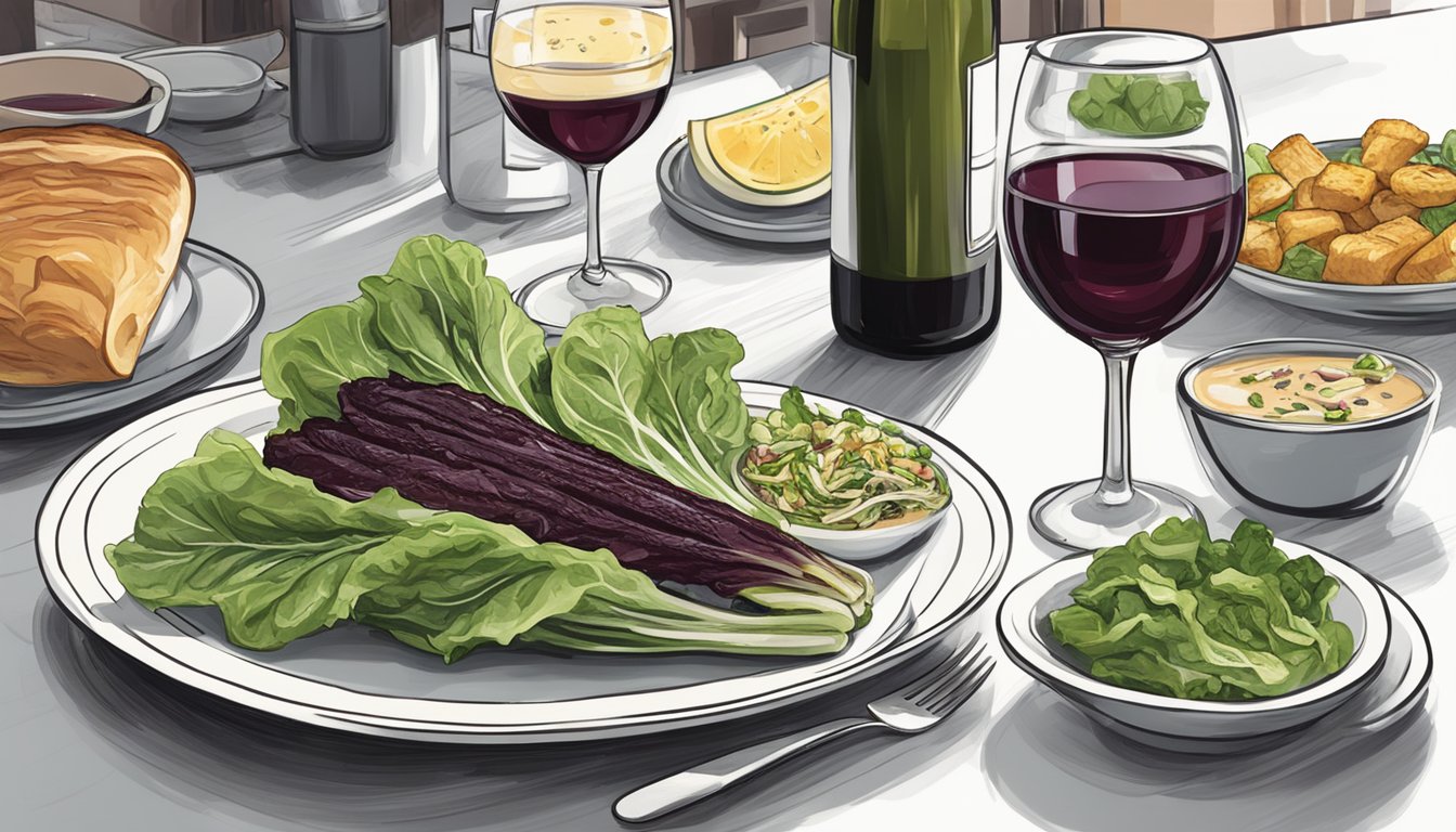 A bottle of red wine next to a plate of grilled romaine lettuce with other menu items in the background