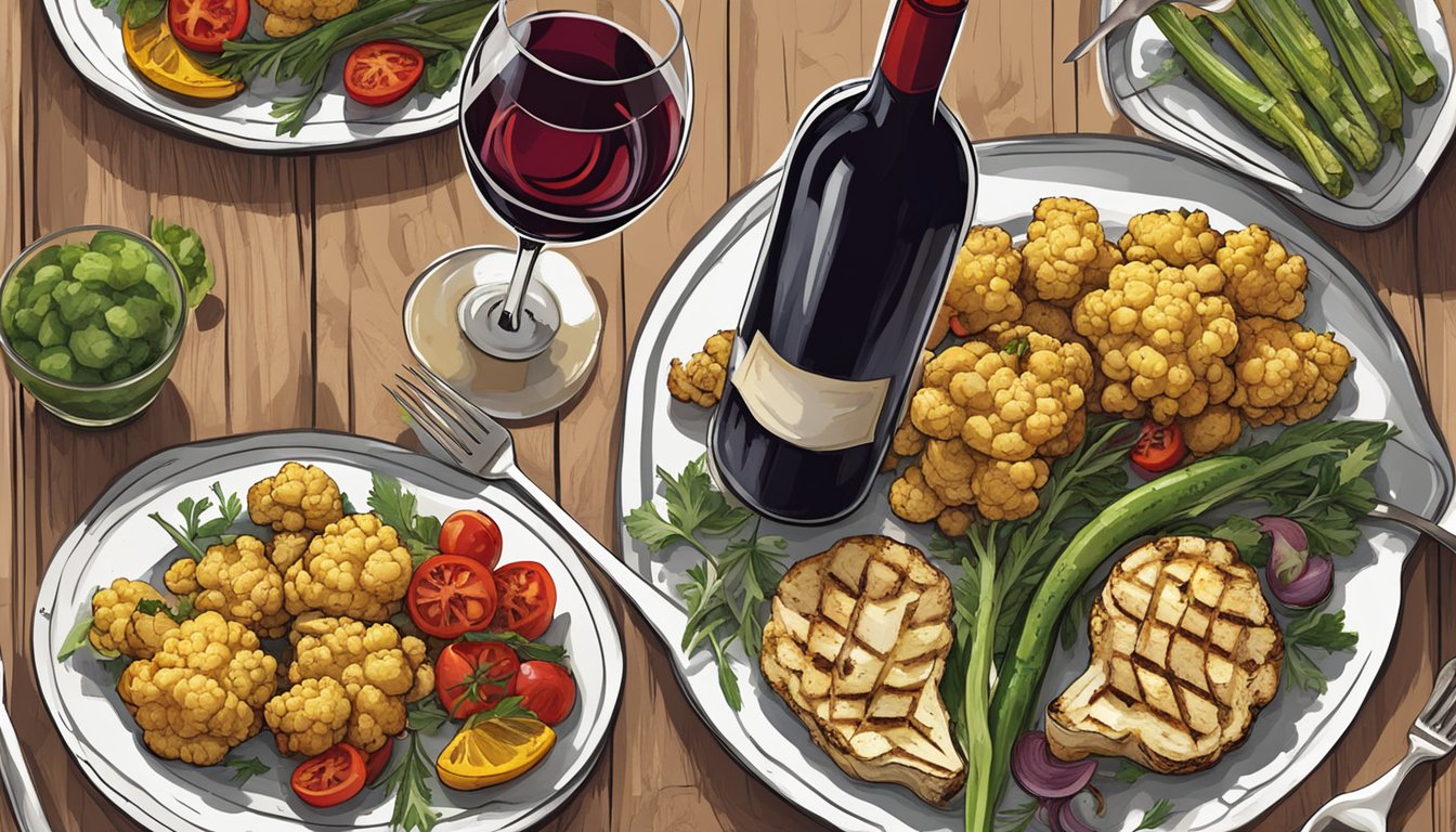 A rustic wooden table set with a platter of grilled cauliflower steaks, surrounded by vibrant grilled vegetables and a bottle of red wine