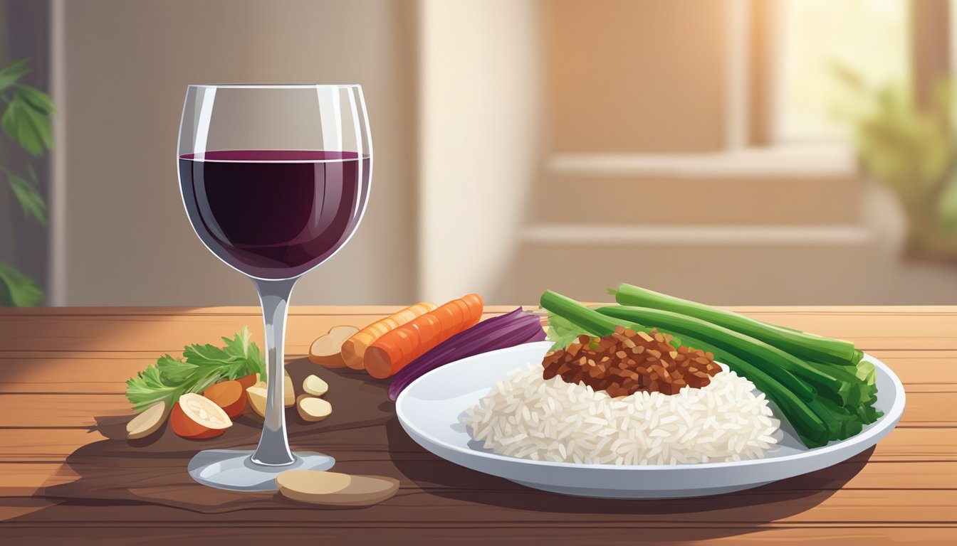 A glass of red wine next to a plate of rice and vegetables on a wooden table