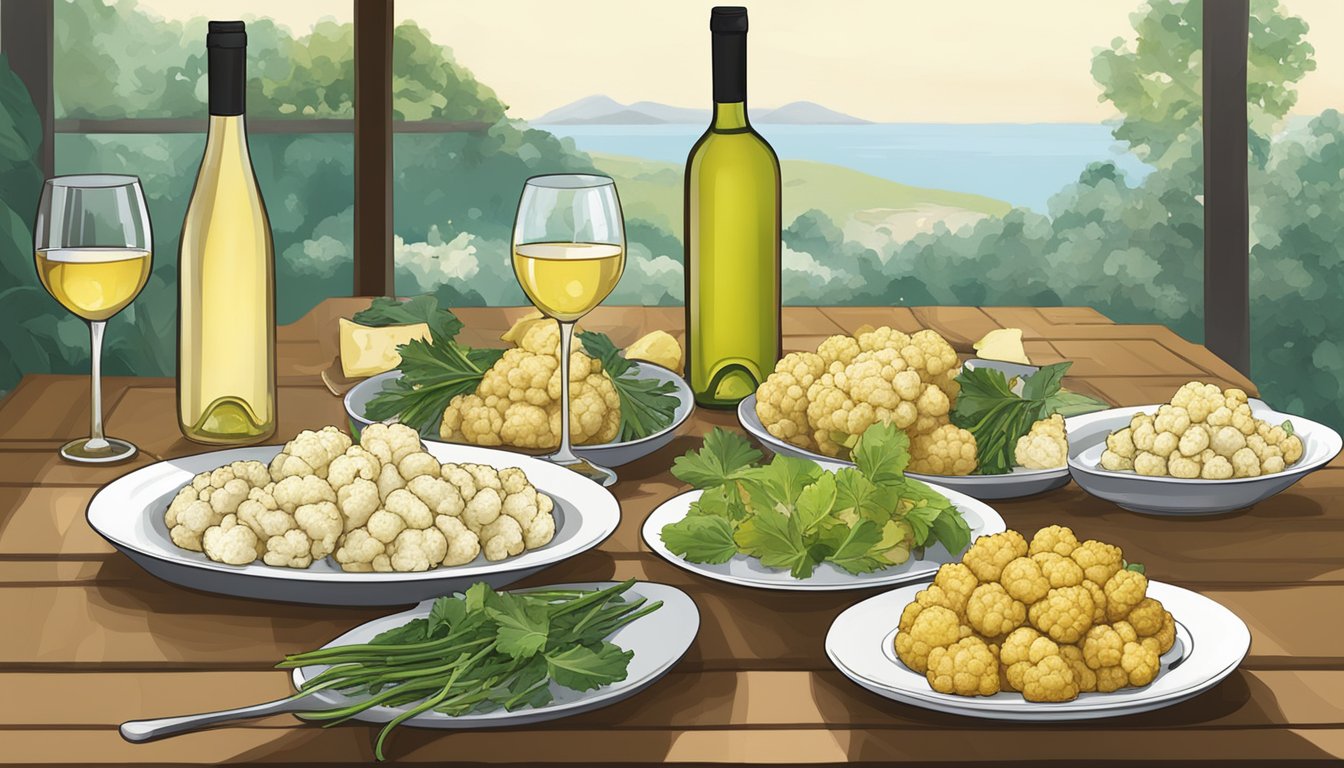 A table set with a variety of white wine bottles next to a platter of grilled cauliflower steaks