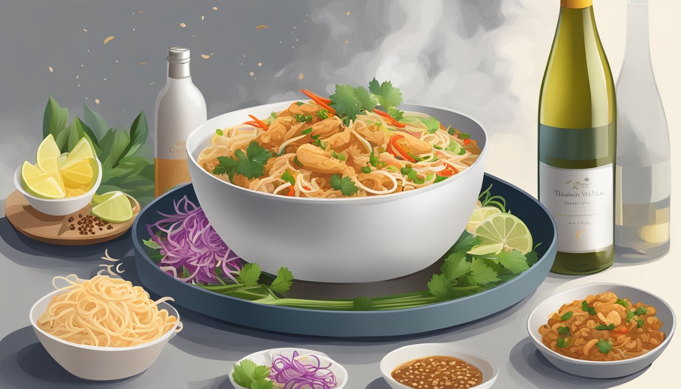 A table set with a steaming plate of chicken pad thai next to a bottle of white wine, surrounded by vibrant Thai spices and ingredients