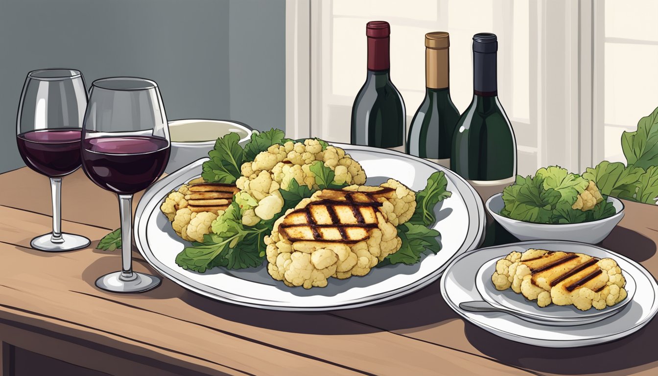 A table set with grilled cauliflower steaks and a bottle of red wine