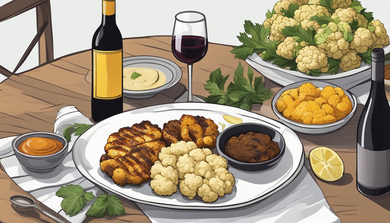 A table set with a variety of seasonings and sauces next to a platter of grilled cauliflower steaks, with a bottle of wine nearby