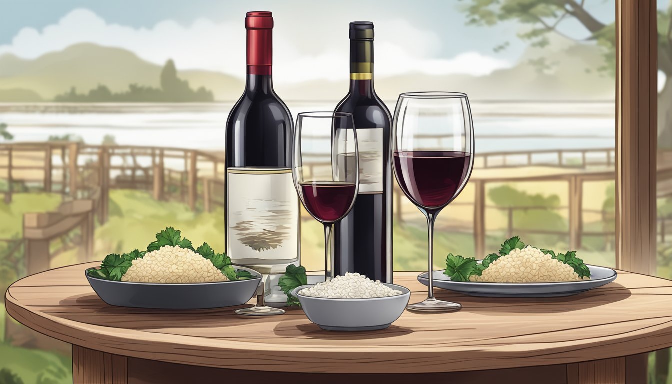 A bottle of red wine beside a plate of steaming rice and a selection of wine glasses on a wooden table