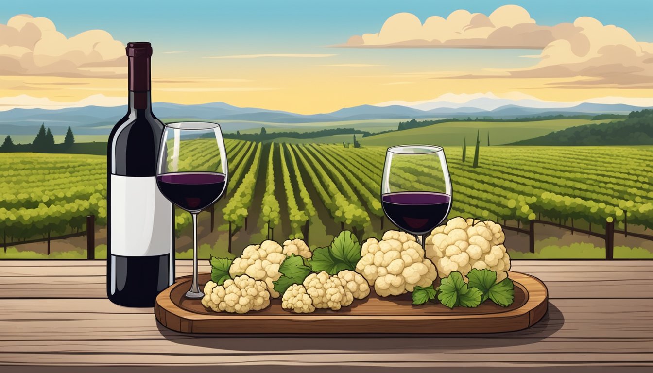 A rustic wooden table set with a platter of grilled cauliflower steaks and a bottle of red wine surrounded by vineyard views