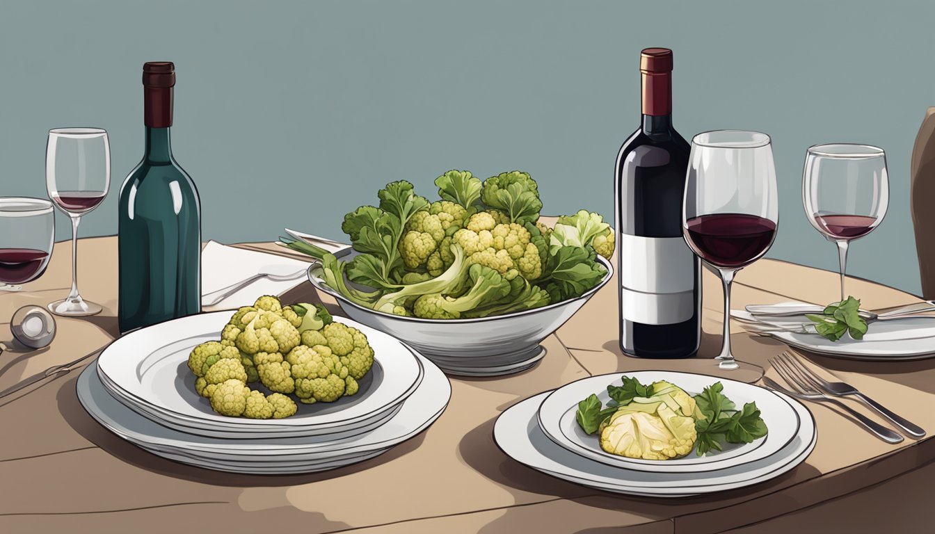 A table set with grilled cauliflower steaks, a bottle of red wine, and elegant glassware