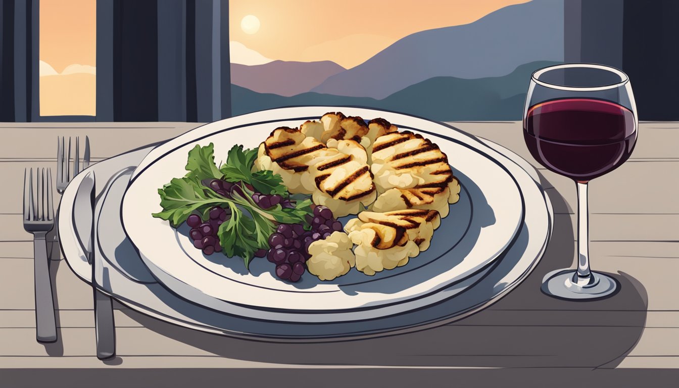 A table set with a plate of grilled cauliflower steaks and a glass of red wine, with a cozy, dimly lit ambiance