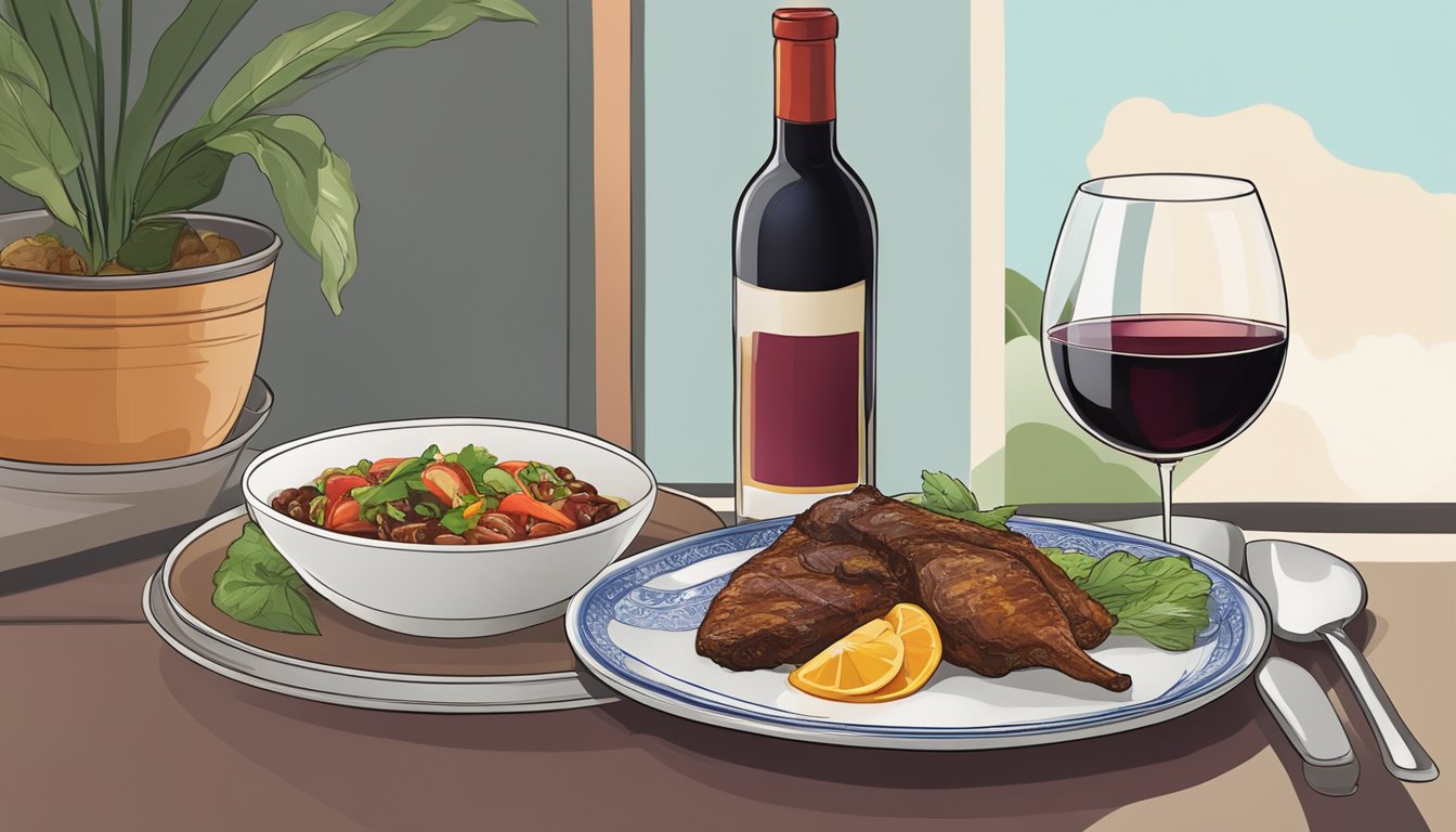 A bottle of red wine next to a plate of Indonesian cuisine, with a glass of wine poured and ready to be enjoyed