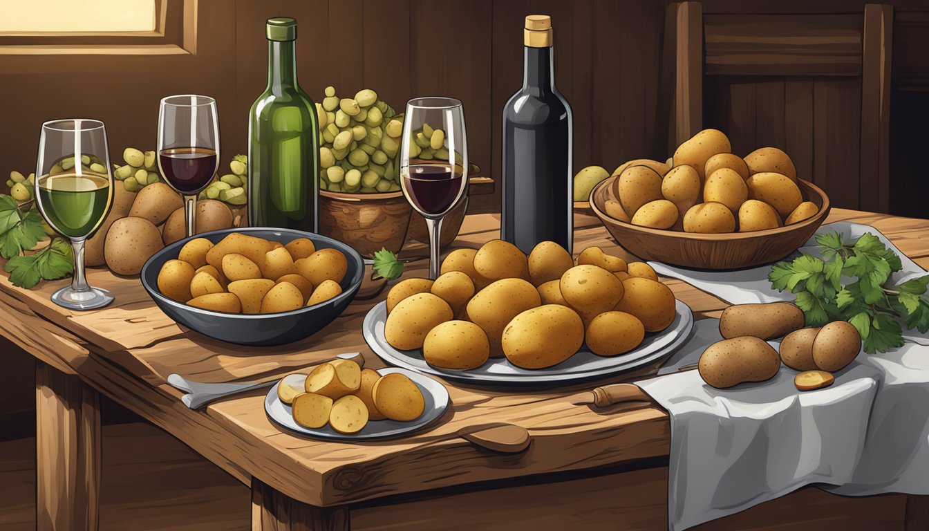 A rustic wooden table set with an assortment of potatoes - mashed, roasted, and fried - alongside a selection of wine bottles and glasses