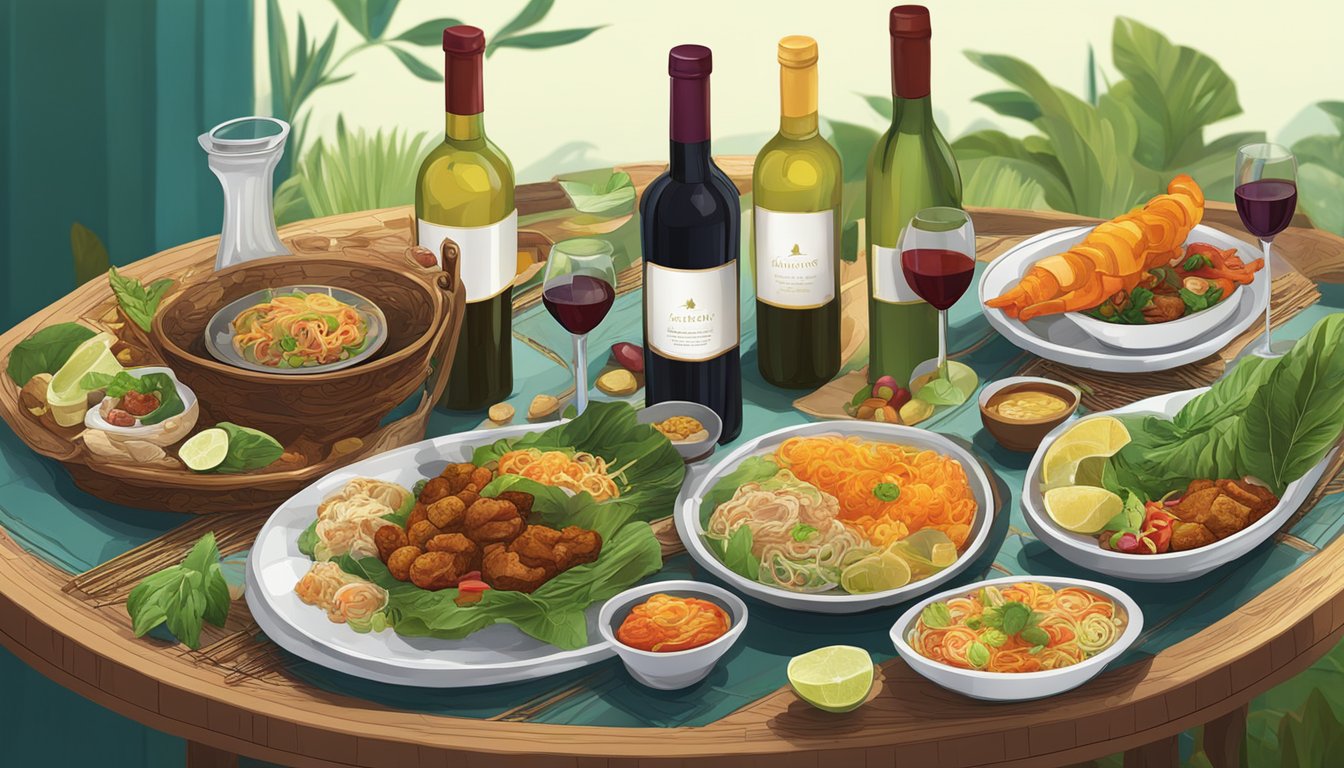 A table set with Indonesian dishes and wine bottles, showcasing the rich textures and vibrant colors of the food and drink pairings