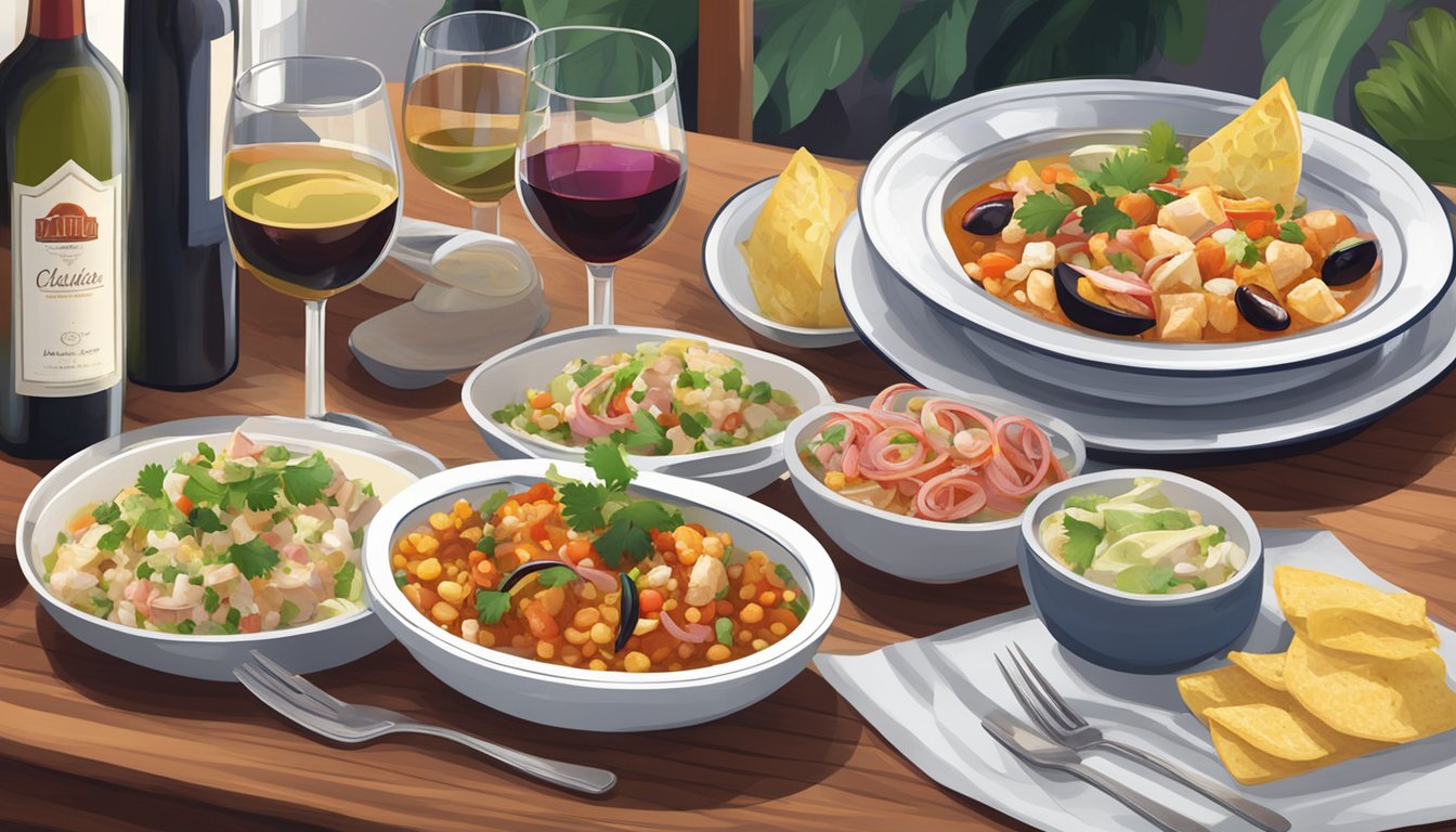 A table set with ceviche, lomo saltado, and aji de gallina alongside glasses of red and white wine