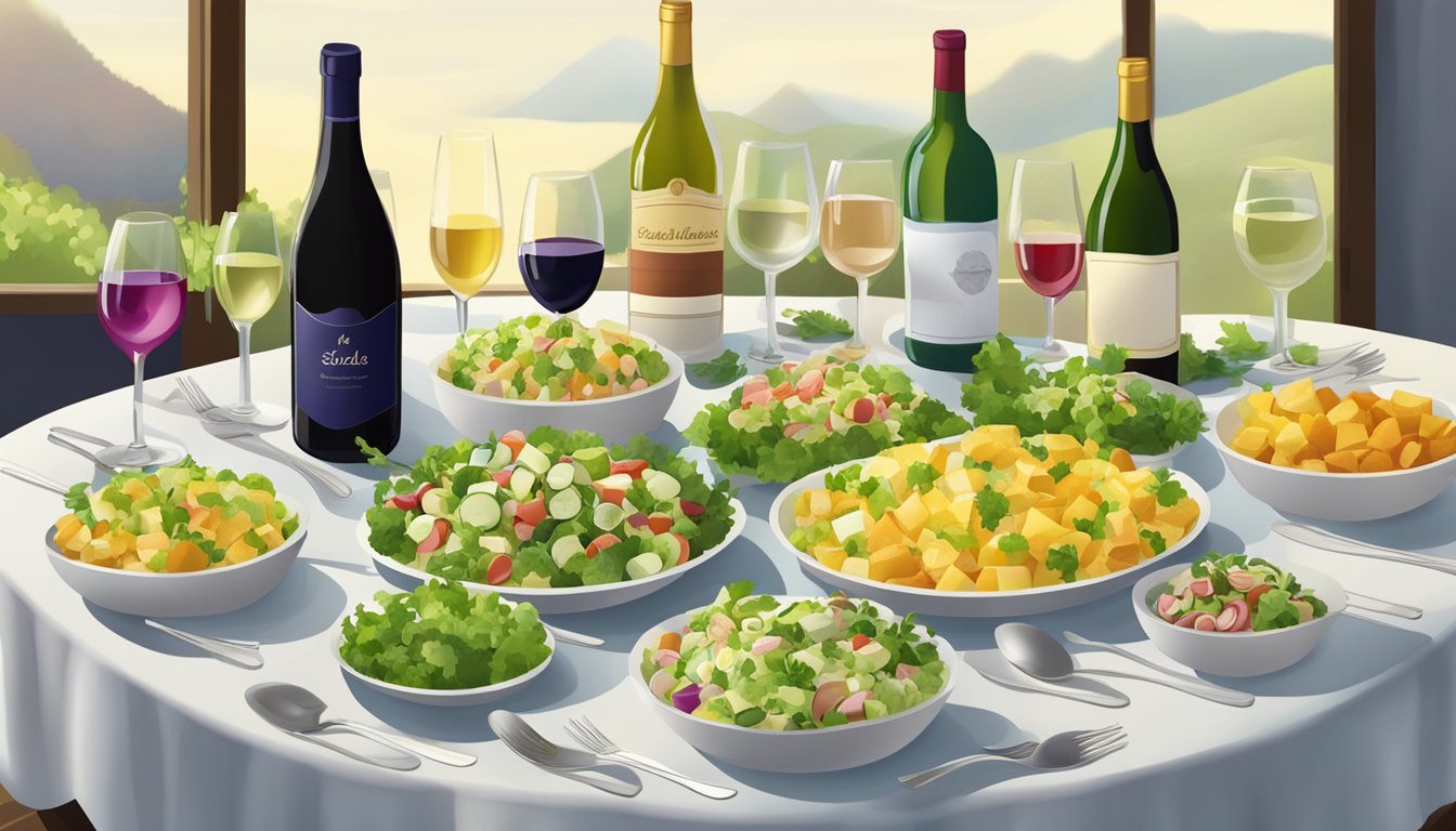 A table set with a variety of potato salads, surrounded by bottles of different wines, each with a glass partially filled