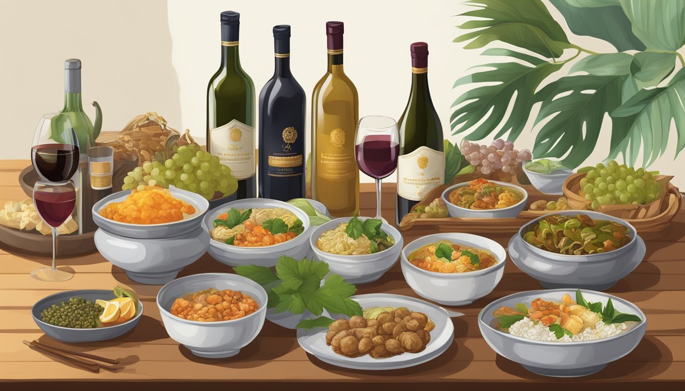 A table set with Indonesian dishes and various bottles of specialty wines and regional varietals