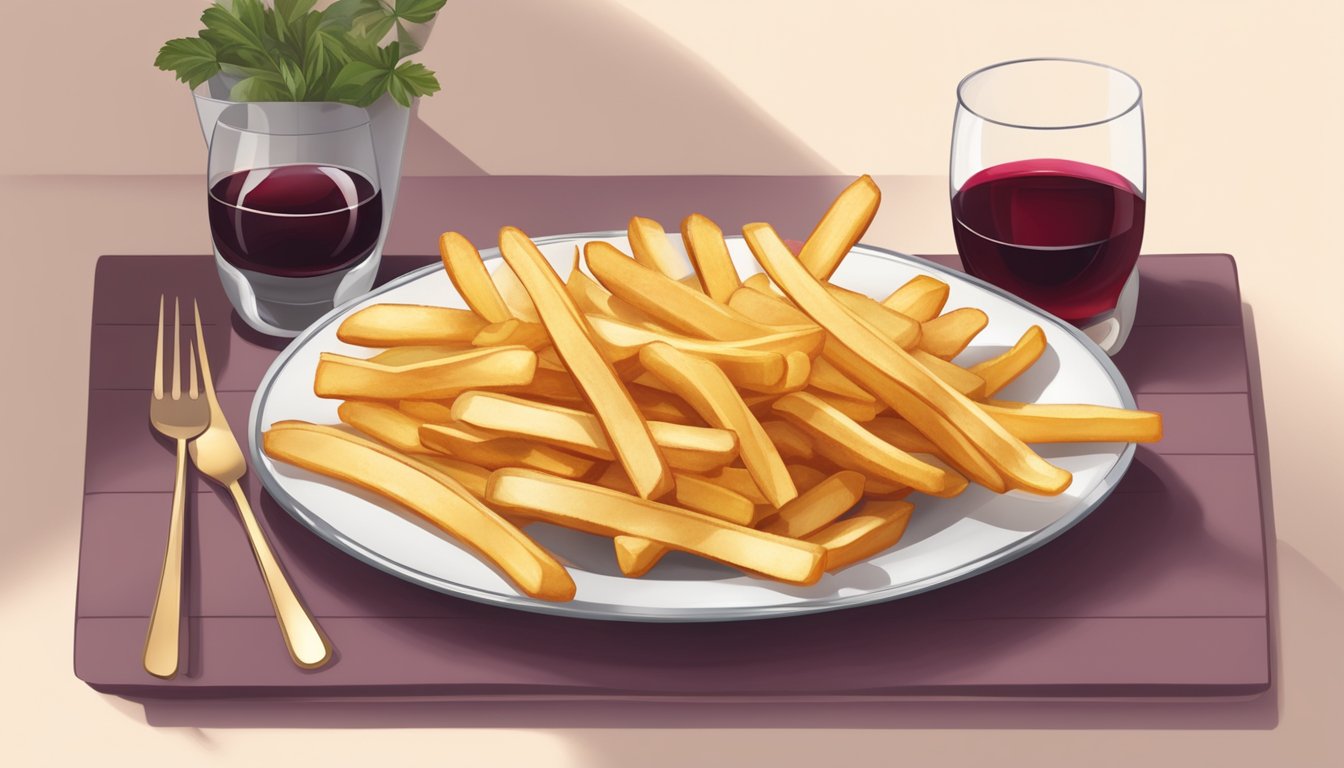 A plate of golden French fries paired with a glass of red wine on a cozy table setting