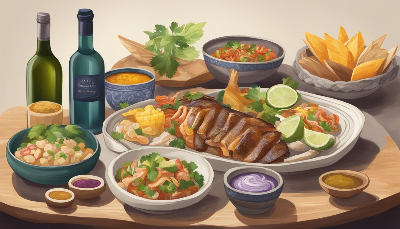 A bottle of Peruvian wine alongside a spread of traditional Peruvian dishes, including ceviche, lomo saltado, and aji de gallina