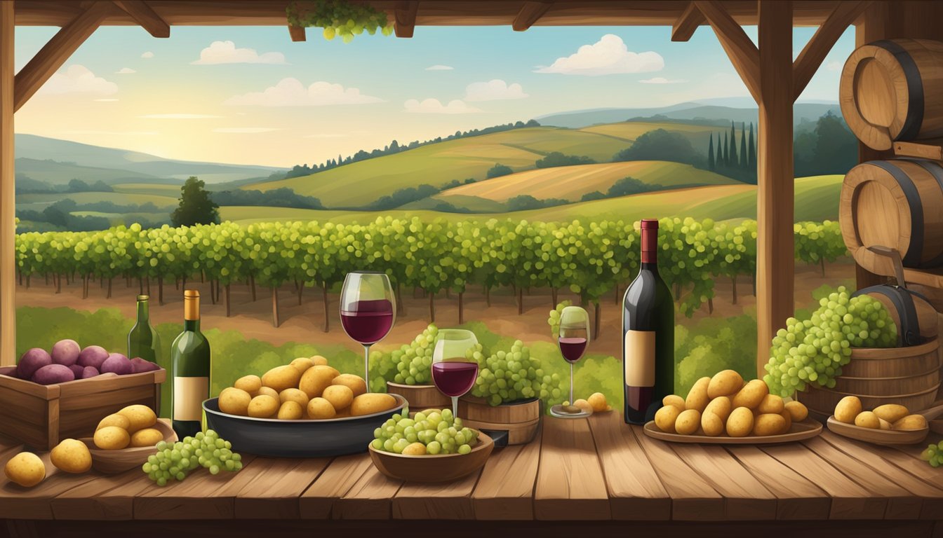 A rustic table set with a variety of potatoes and wine bottles, surrounded by vineyards and rolling hills