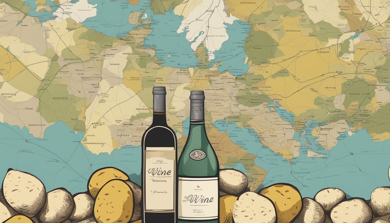 A bottle of wine surrounded by various types of potatoes, with a map of different wine regions in the background