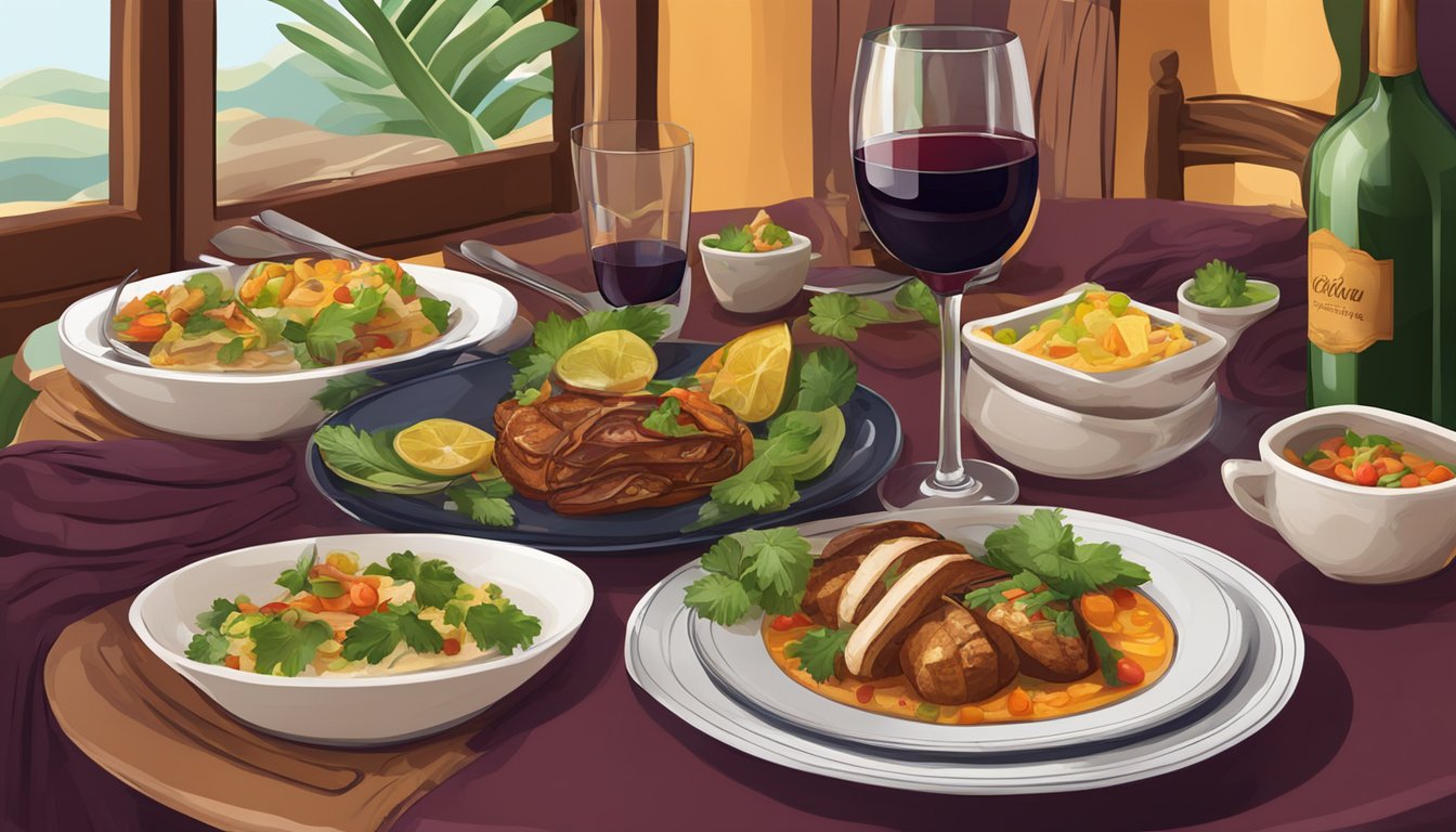 A table set with Peruvian dishes and wine glasses, with a bottle of red wine in a cozy restaurant setting