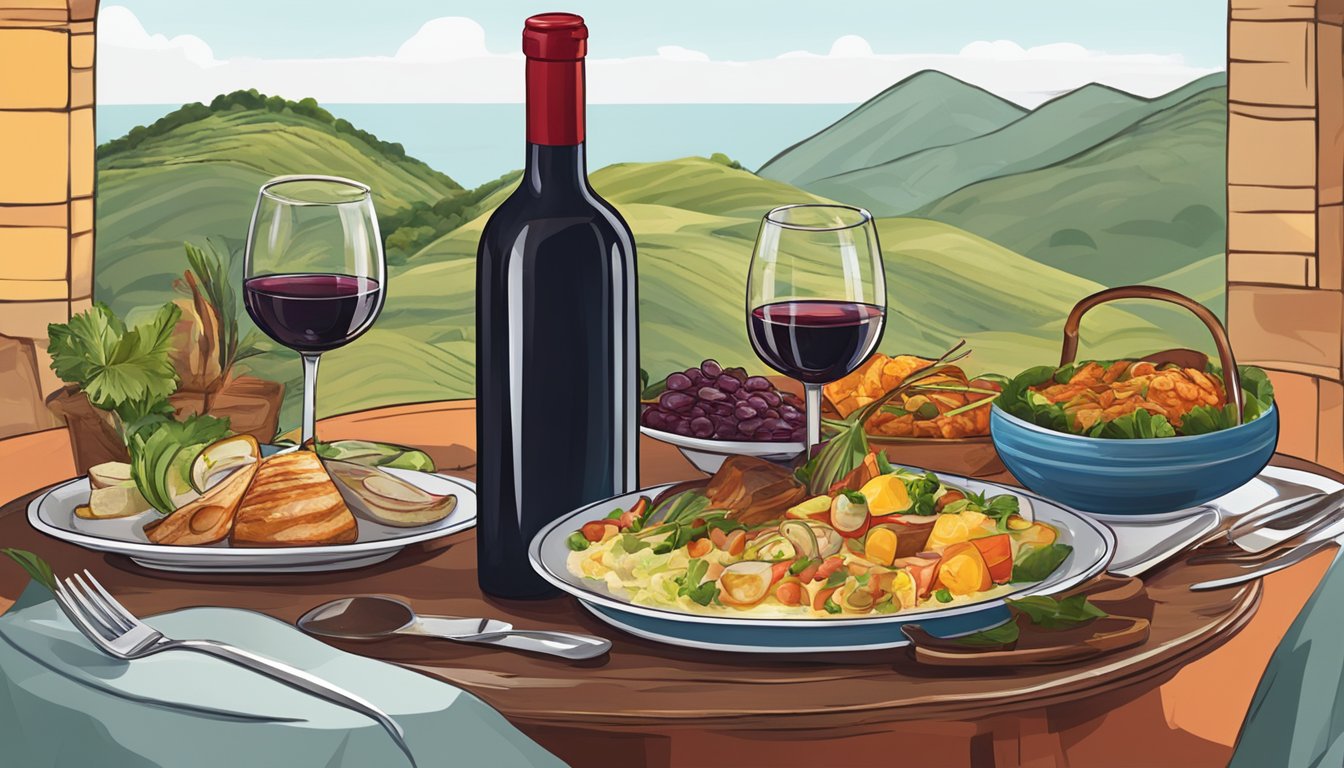 A bottle of red wine and a platter of Peruvian dishes on a table