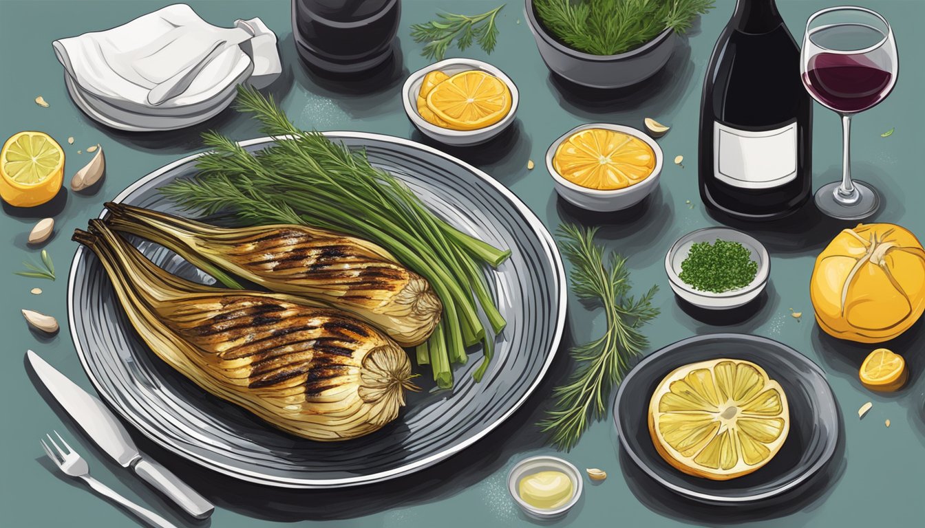 A table set with a grilled fennel dish and a bottle of wine, surrounded by fresh herbs and spices