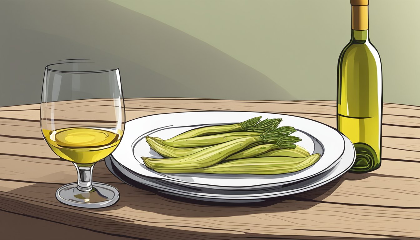 A bottle of white wine next to a plate of grilled fennel on a wooden table