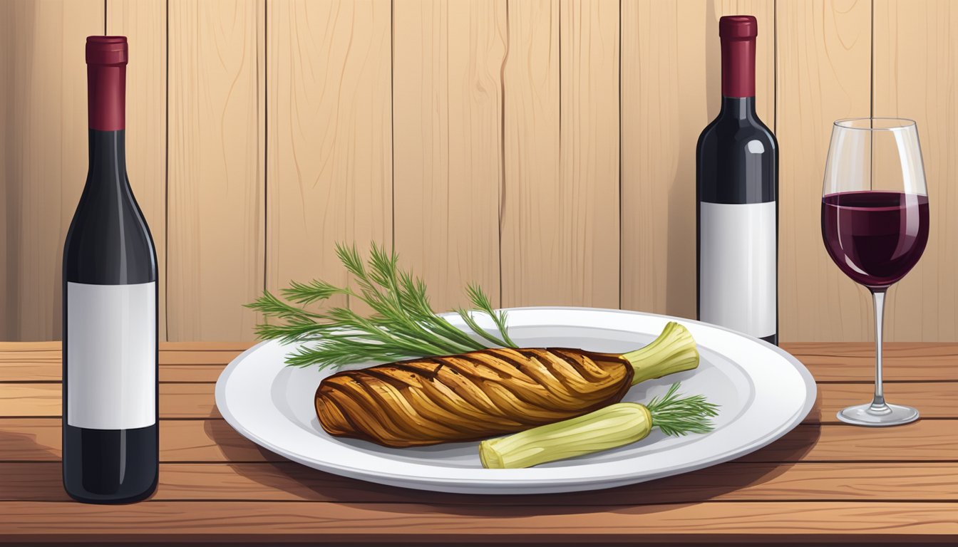 A bottle of red wine and a plate of grilled fennel on a wooden table