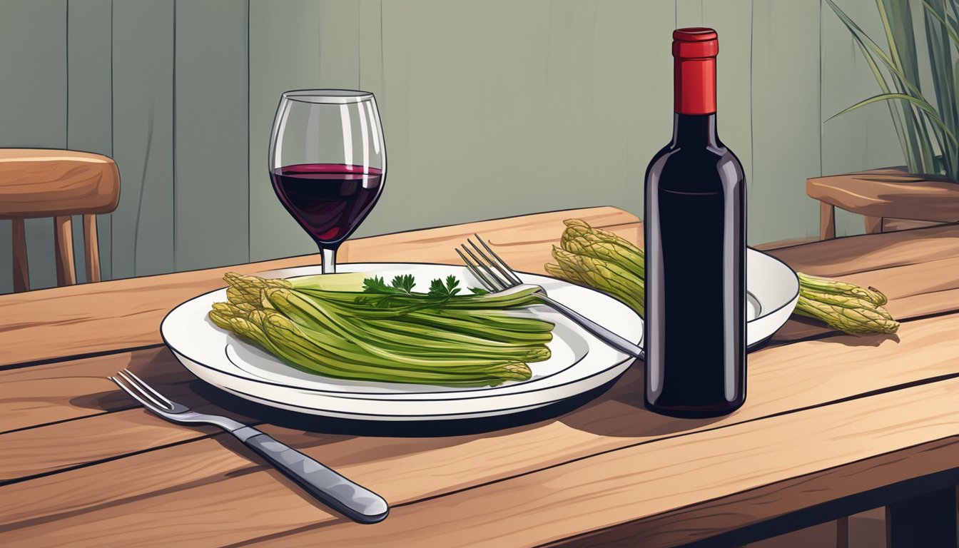 A bottle of red wine next to a plate of grilled fennel on a wooden table