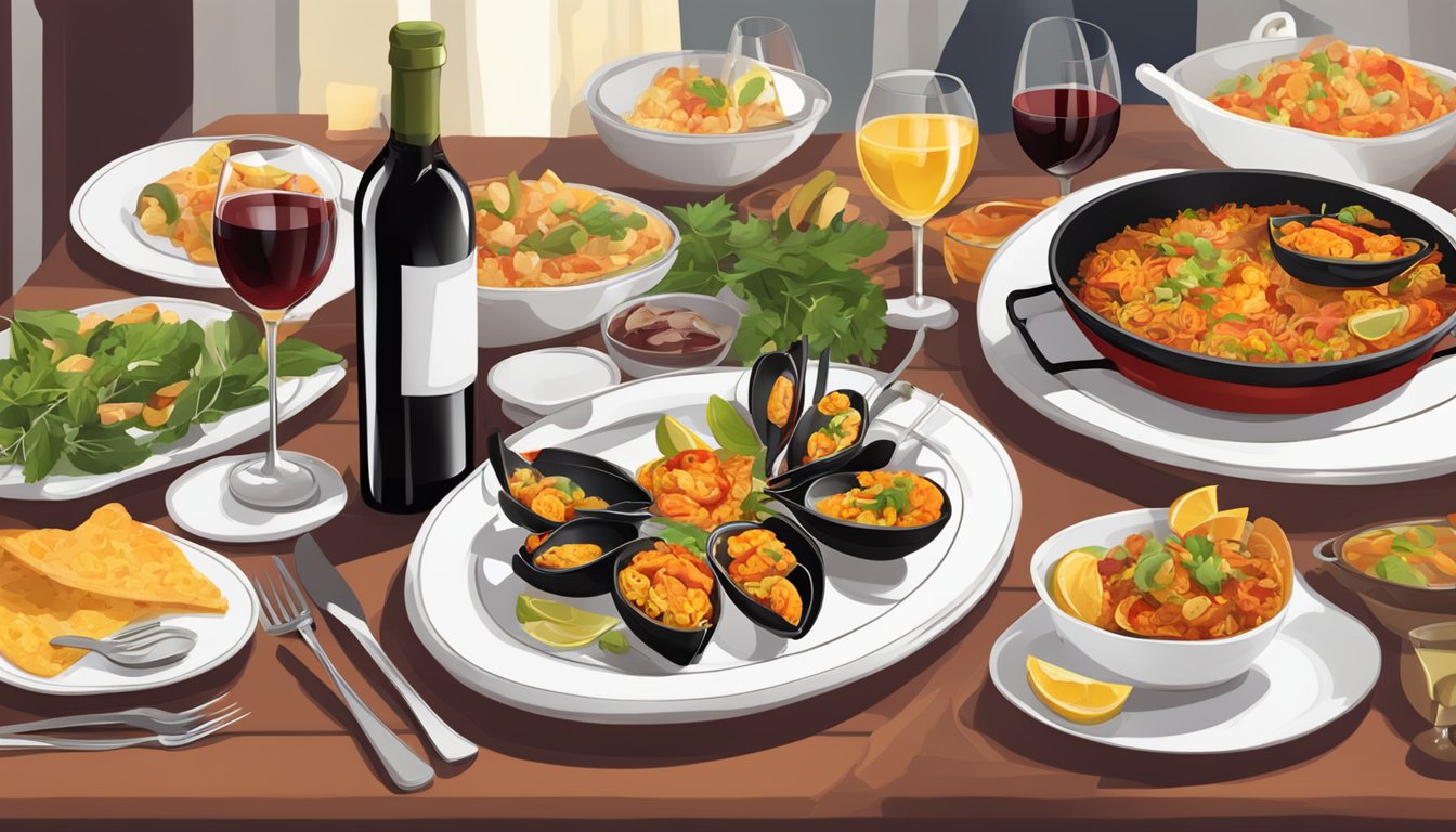 A table set with tapas, paella, and red wine