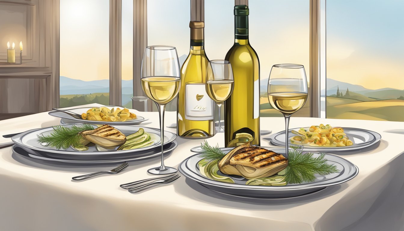 A table set with a grilled fennel dish and a bottle of white wine, surrounded by elegant wine glasses and soft candlelight