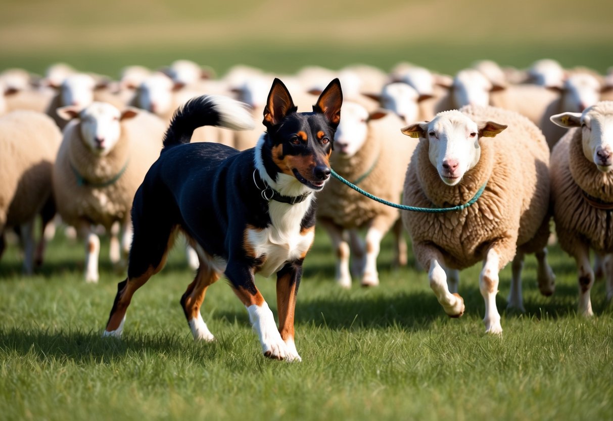 A focused Kelpie dog herding sheep in a grassy field