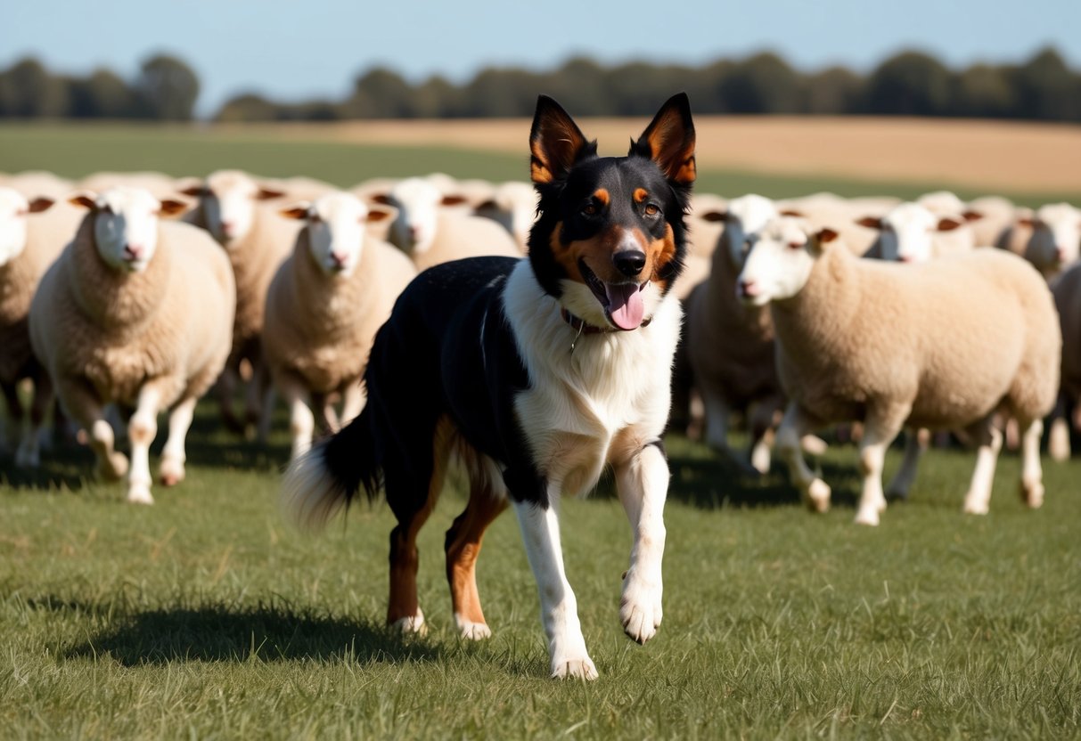 A working Kelpie dog herding sheep in an open field