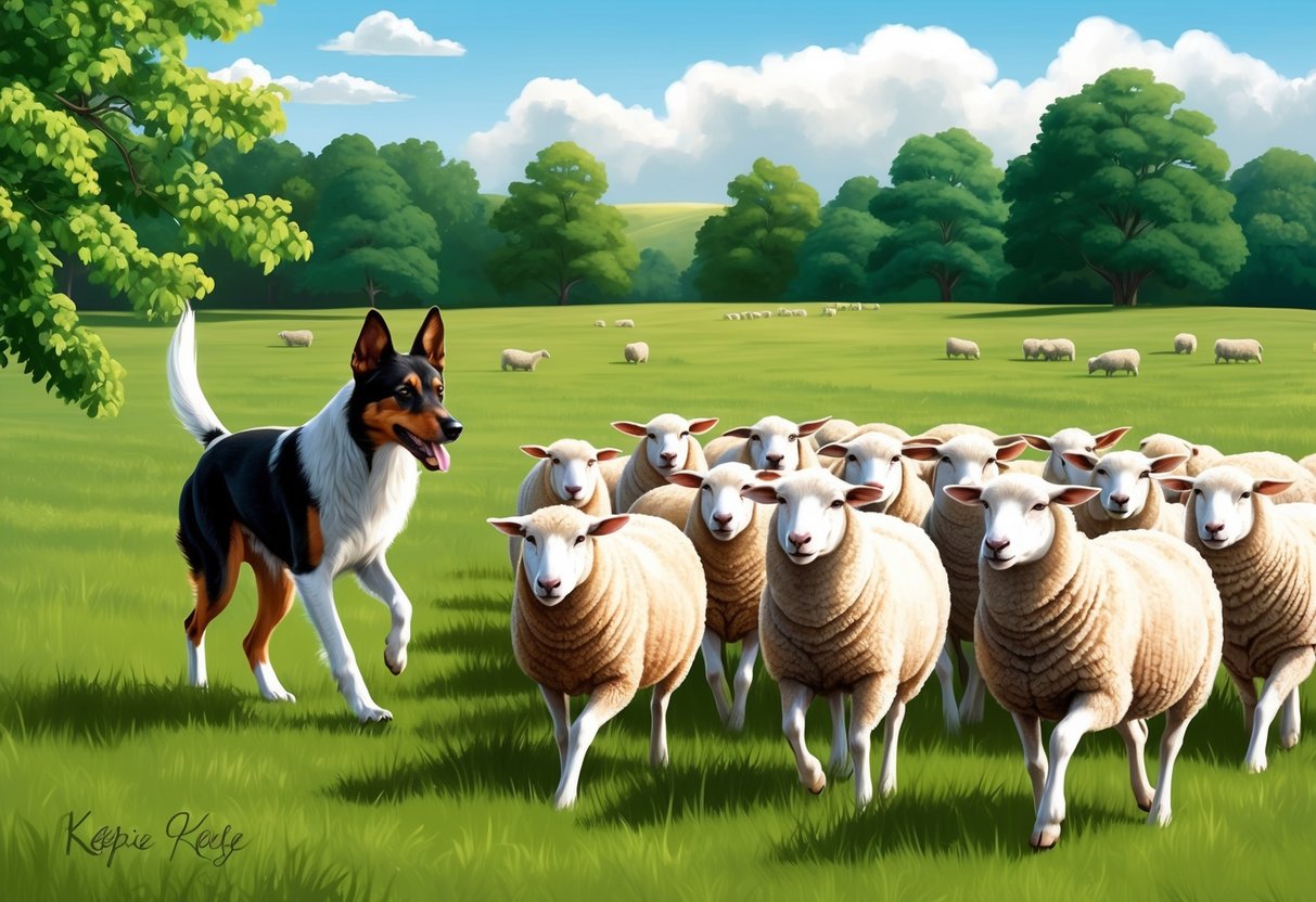 A Kelpie dog herding sheep in a lush green pasture