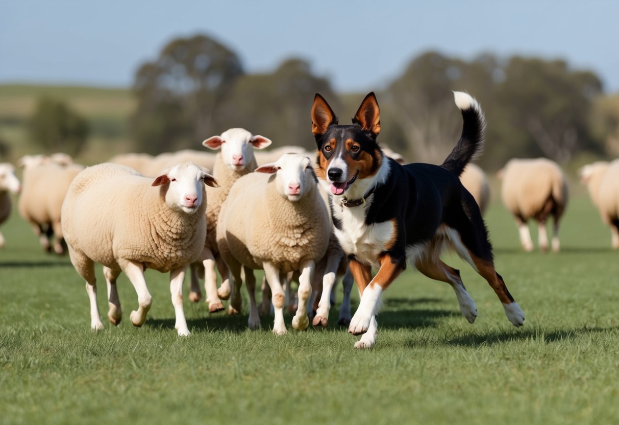 A working Kelpie dog herding sheep in a grassy paddock