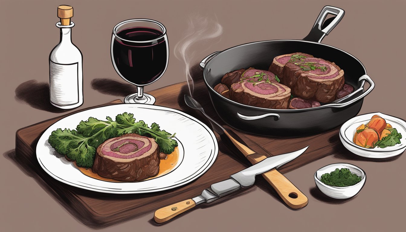 A chef searing beef roulade in a hot pan, while a bottle of red wine sits nearby