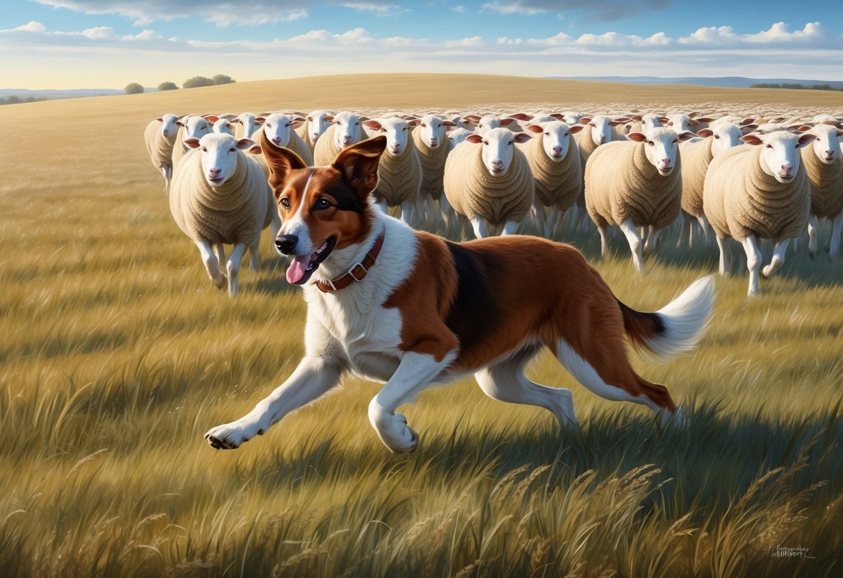 A working Kelpie dog herding sheep in a vast, open field