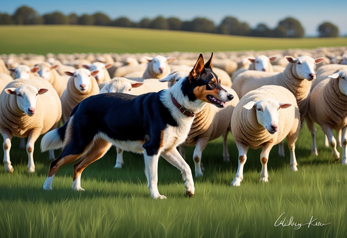 A working Kelpie herding sheep in a grassy field