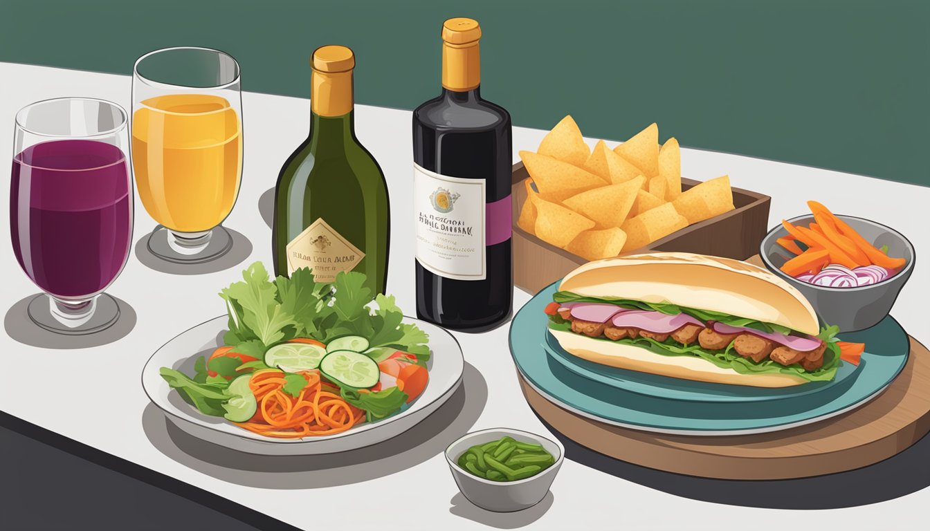 A table set with a pork banh mi sandwich, a bottle of wine, and a glass