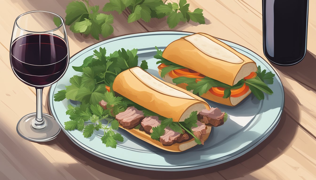 A rustic wooden table with a plate of pork banh mi, a glass of red wine, and a small vase of fresh herbs